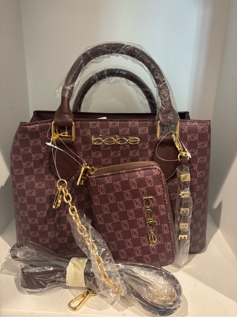 BEBE Burgandy Logo Satchel with Matching Pouch